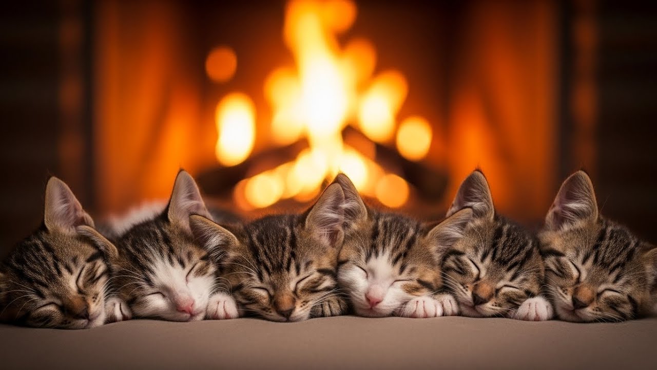 Cozy Room Ambience with Napping Cats 🔥 Sleep Instantly with Fireplace And Purr Sound