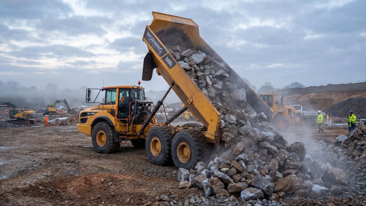 Video of Dump truck carrying rocks working with a crane and excavator - Dump Truck Sounds