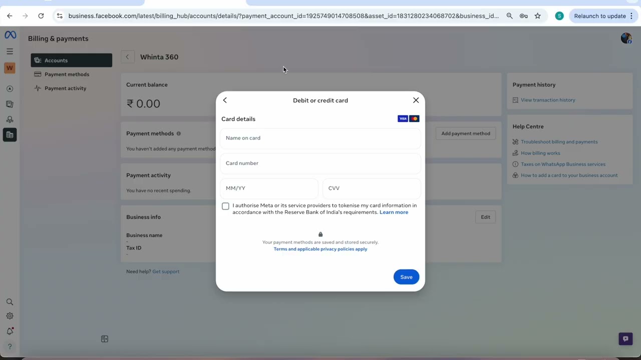 Add Visa / MasterCard to WhatsApp for Bulk Messaging | Step-by-Step Billing Setup Guide | Whinta