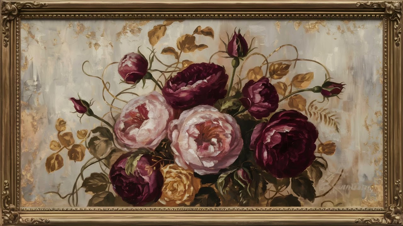 Floral Vintage  Oil Painting | 4K Gold Frame TV Screensaver Art | Picture TV Art Background