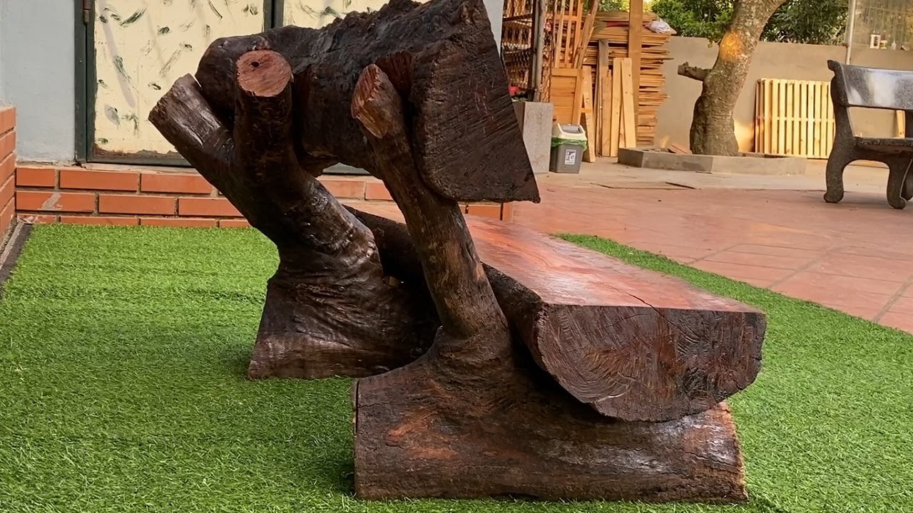 Unique Designs And Ideas From Dry Wooden Trunks // Old Wooden Bench Made Of Trunk In Forest