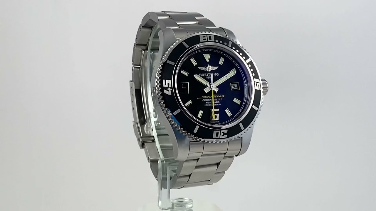 Pre-owned Breitling Superocean 44 Black Dial yellow accents 44mm A17391 360 view