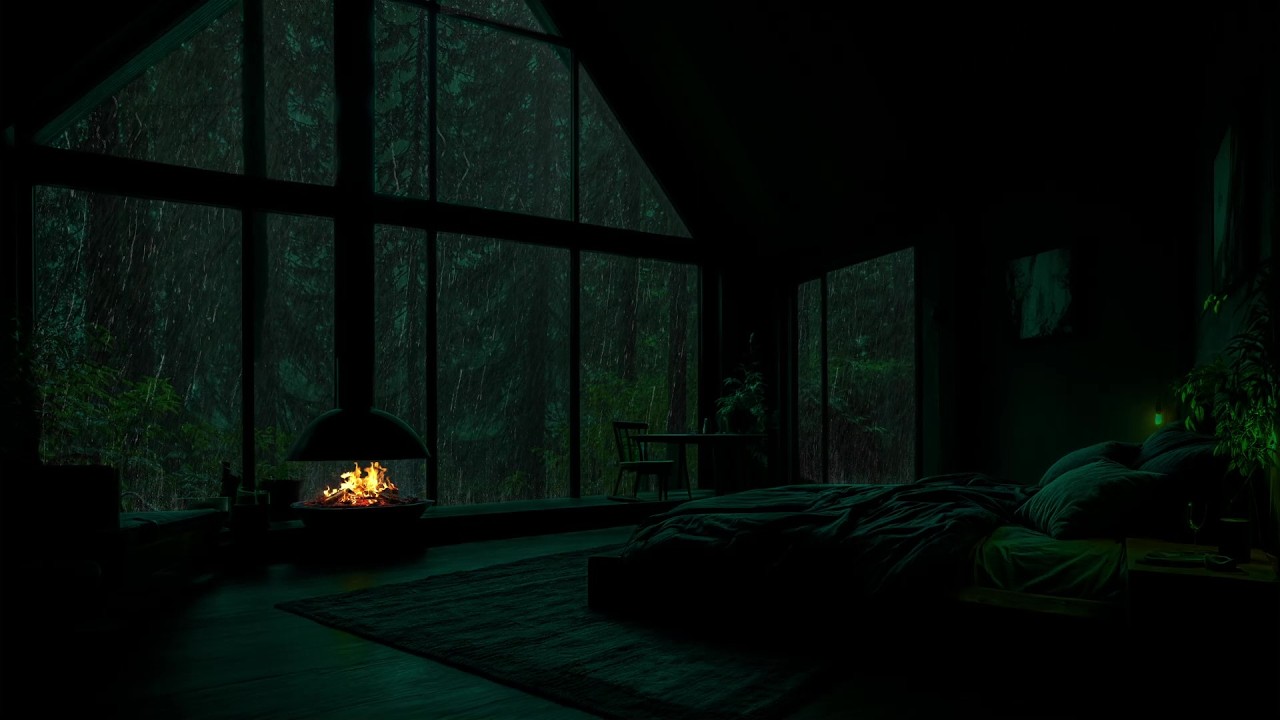 Midnight Storm at the Glass Cabin 🌲 Fireplace & Heavy Rain Sounds for Deep Sleep (10 Hours)