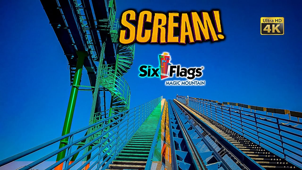 March 2022 Scream Floorless Roller Coaster On Ride Front Row 4K POV Six Flags Magic Mountain