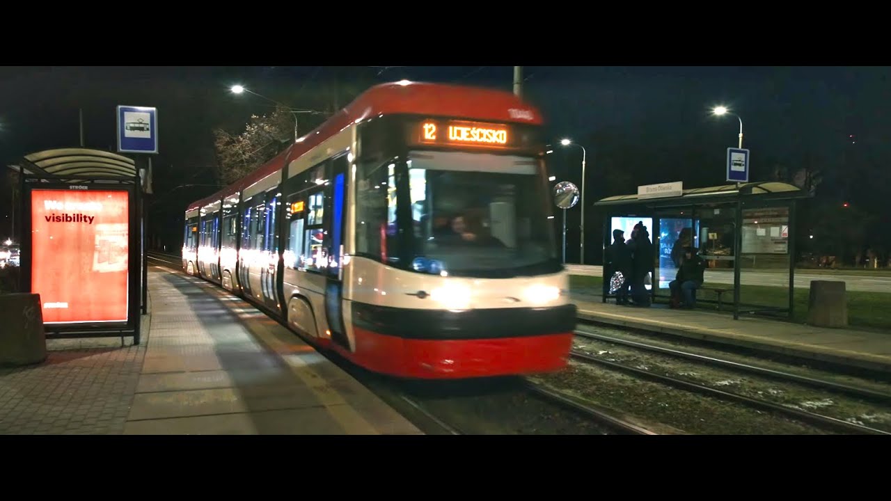 Poland, Gdańsk, tram 12 night ride from Brama Oliwska to Hucisko