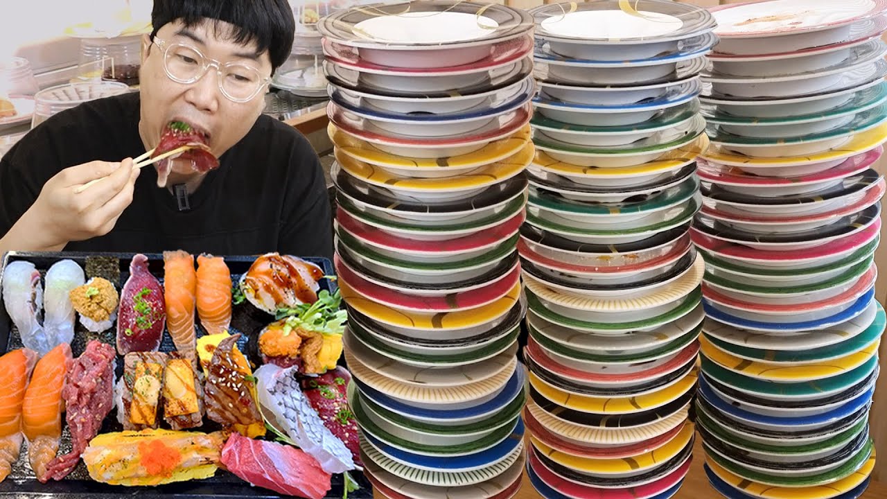 회전초밥 80접시 털기! 참돔 성게알 전복내장 넣고 세트로 만들어묵자! 야식이 먹방