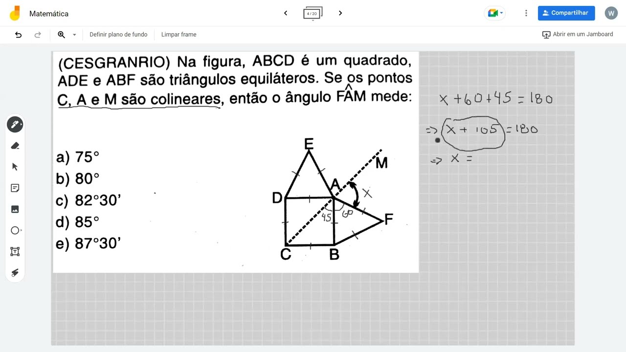 (CESGRANRIO) Na figura, ABCD é um quadrado, ADE e ABF são triângulos equiláteros.