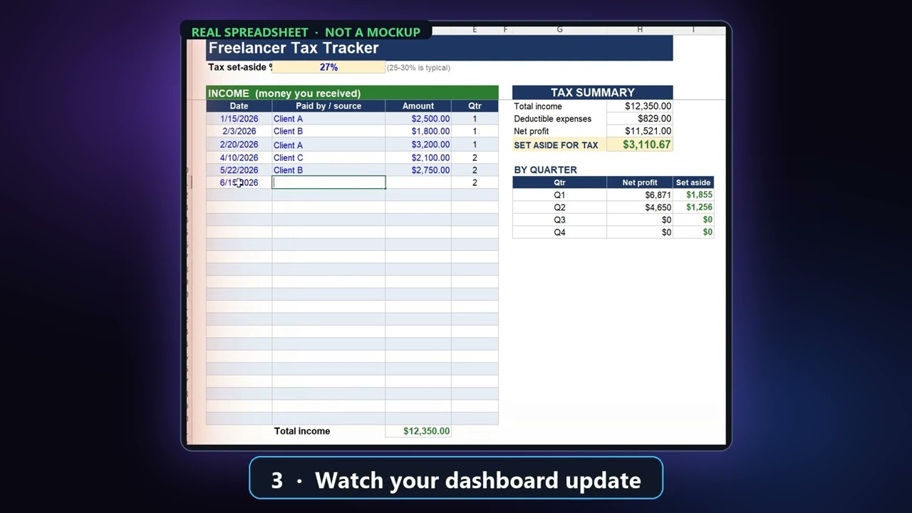 Freelancer Tax Tracker &mdash; Quarterly Set-Aside Calculator (Excel & Google Sheets)