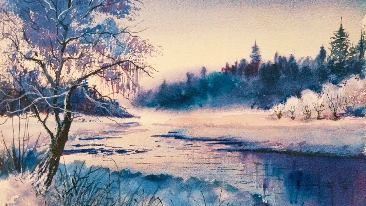Dreamy Snow-Covered Landscape in Watercolor