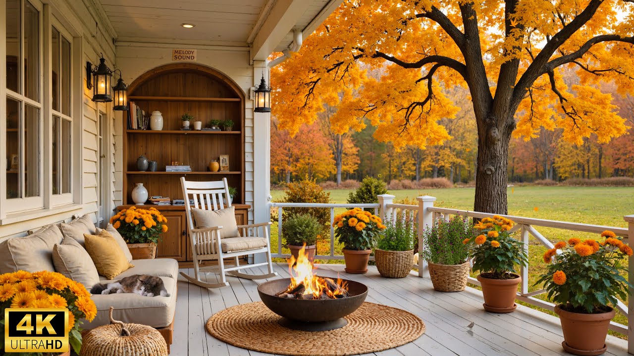 Autumn Afternoon on the Porch - Soft Piano & Fireplace Ambience | Calm Your Mind & Sleep