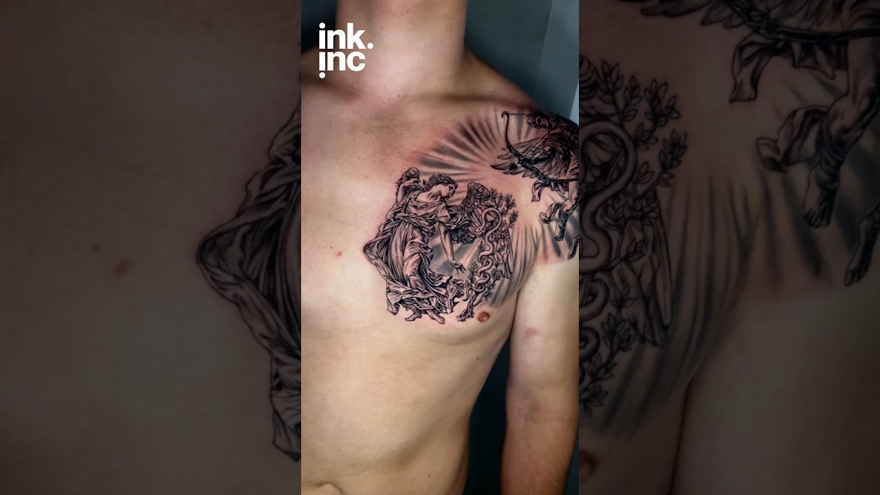 Mythological Angel & Archer Tattoo  Classic Chest and Shoulder Placement.
