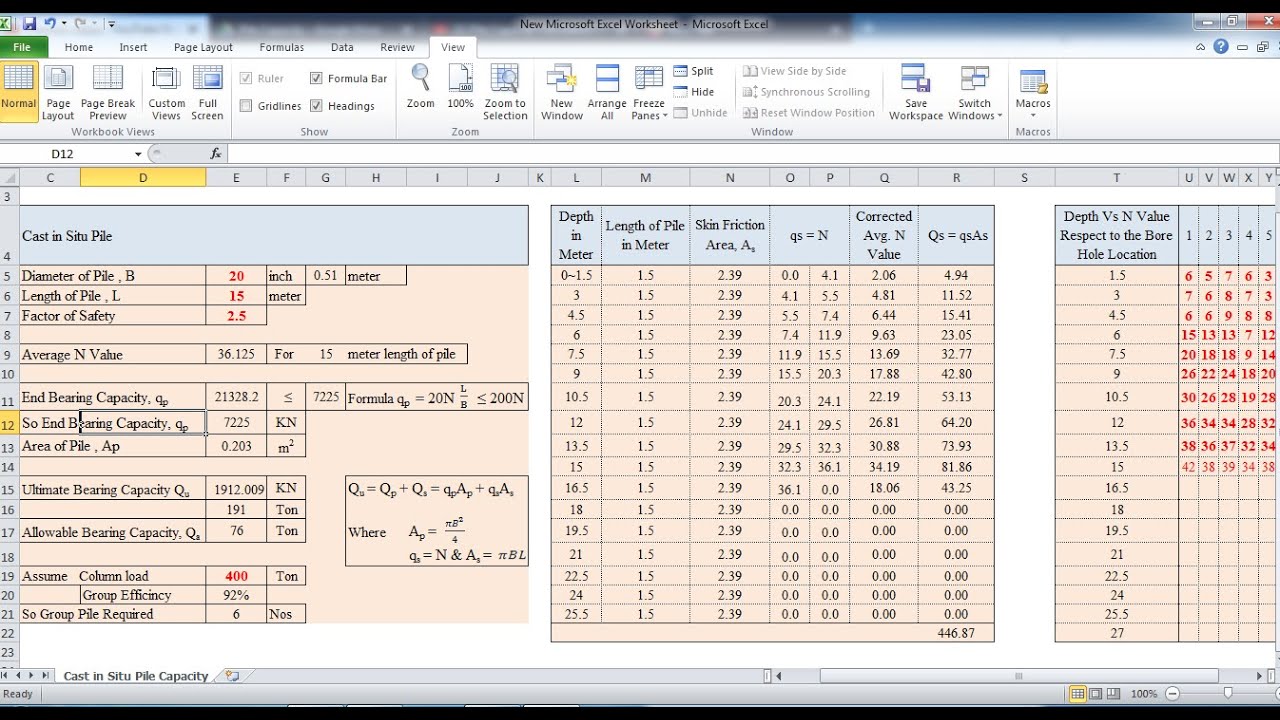Pile Capacity Calculation in Excel Sheet Using SPT Value