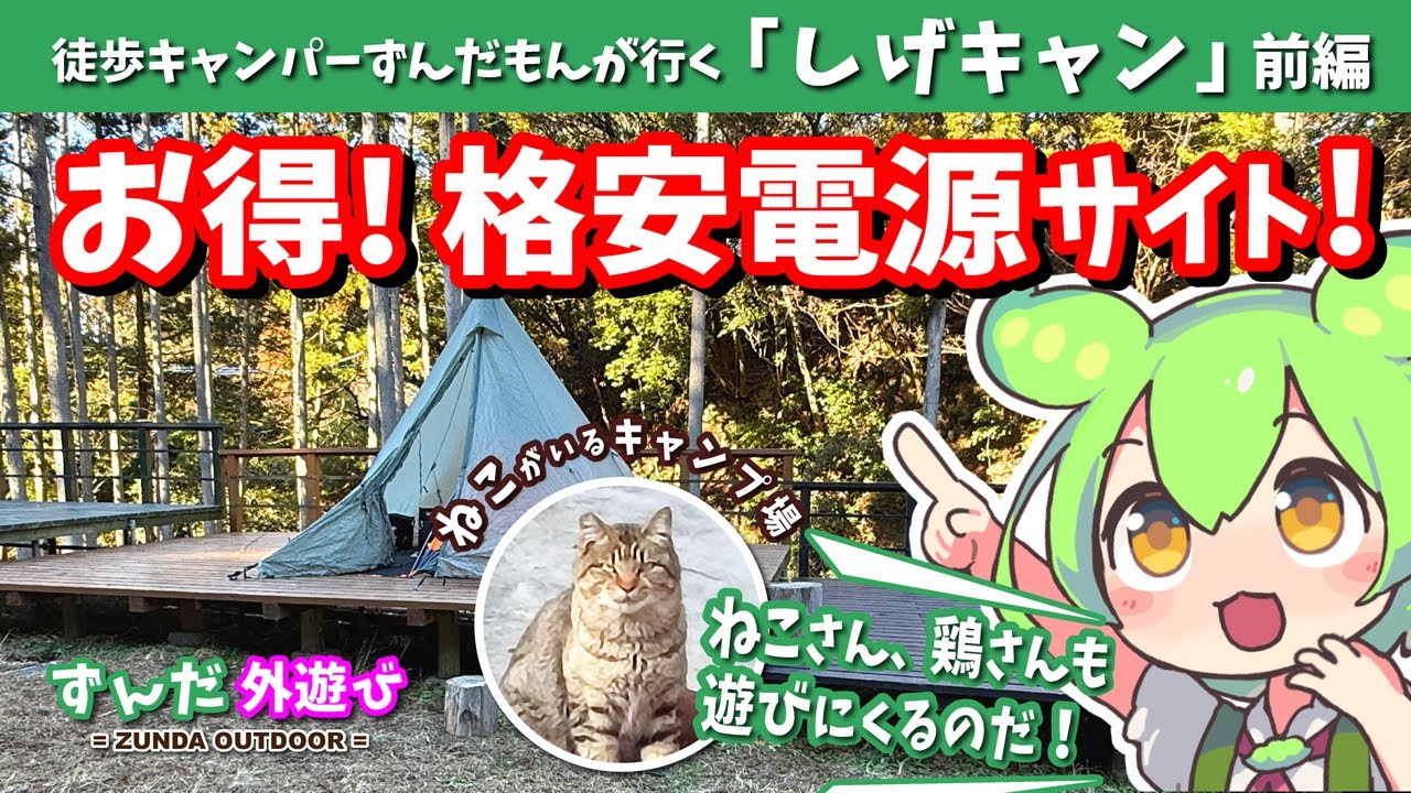 【徒歩キャンプ】格安！電源サイト！ ねこ、にわとりが遊びにくる「しげキャン」前編【ずんだもん・四国めたん現地レポート】