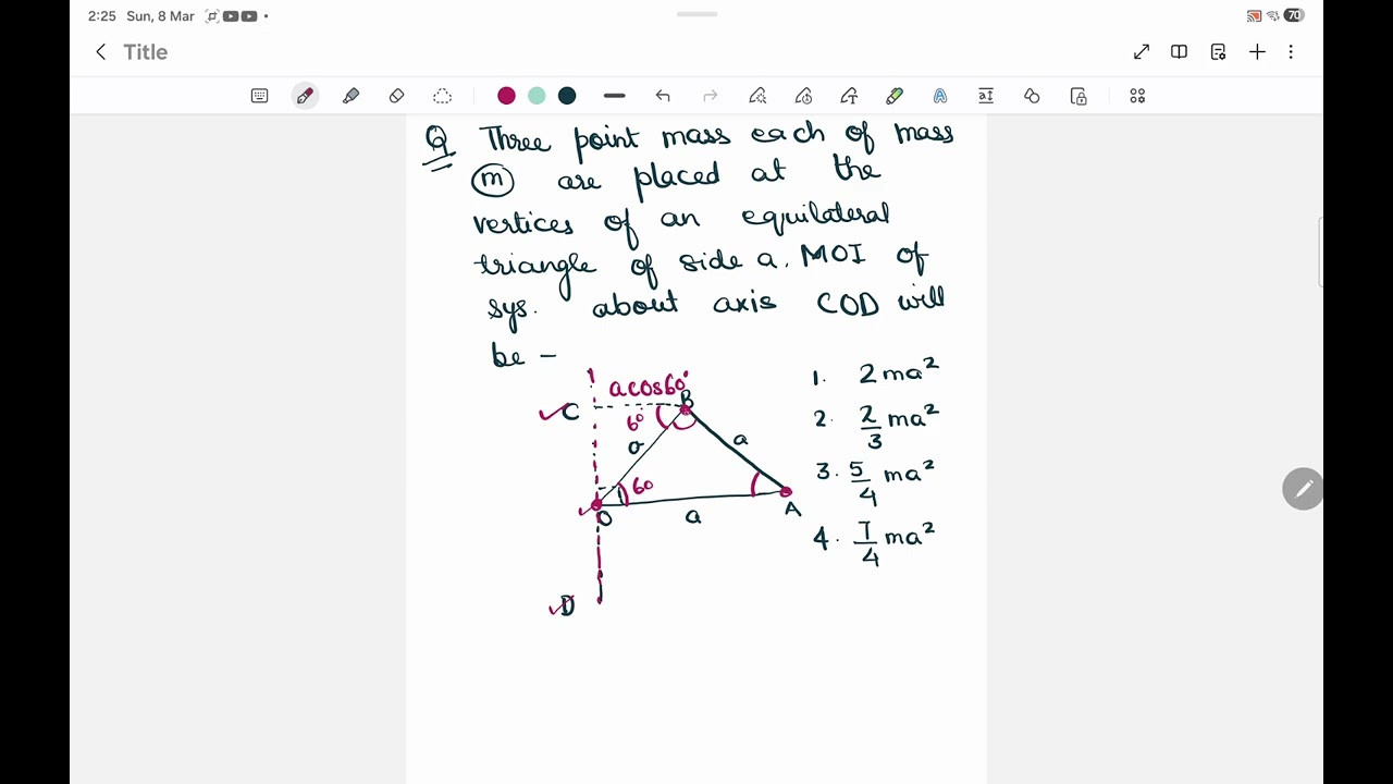 Three point mass,each of mass m,are placed at the vertices of an equilateral triangle of side a