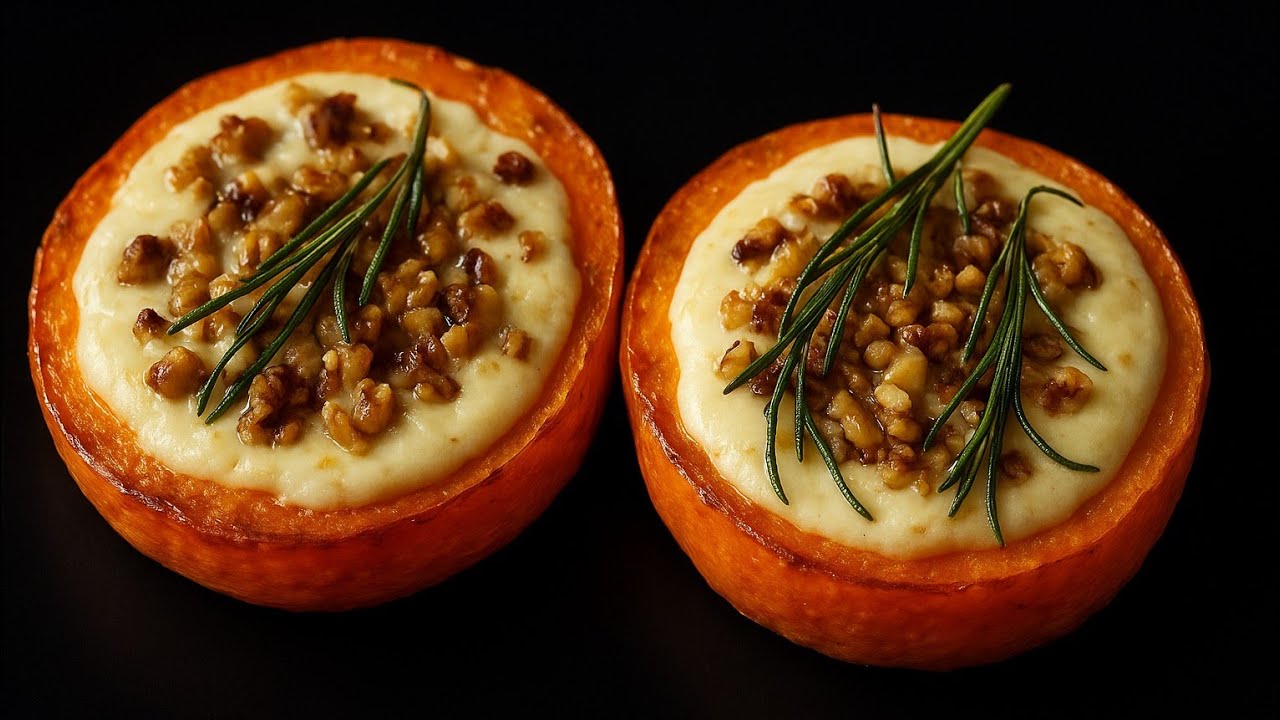 Im Ofen gebackener Kürbis mit Käse und Nüssen