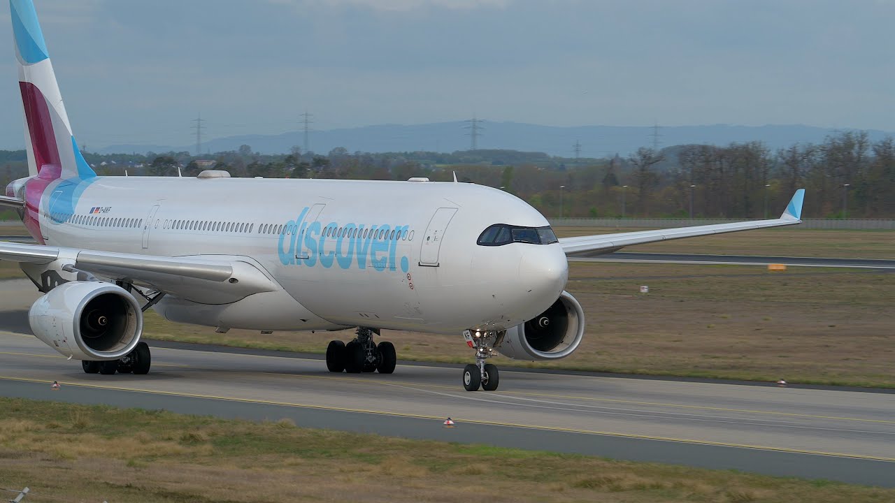 Frankfurt Airport Planespotting Discover Airlines Airbus A330-343X D-AIKF Landing RWY25R Close Up 4K