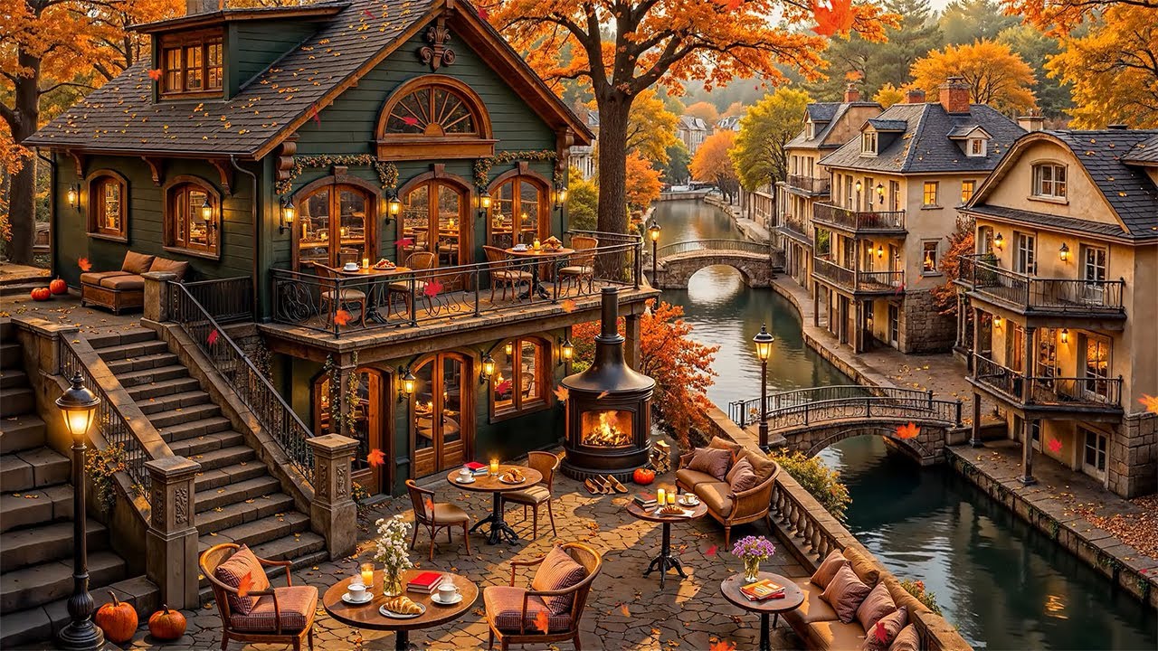 Relaxing Autumn Jazz Piano for Work 🍂 Cozy Fall Caf&eacute; Ambience & Fireplace Sounds ~ Falling Leaves