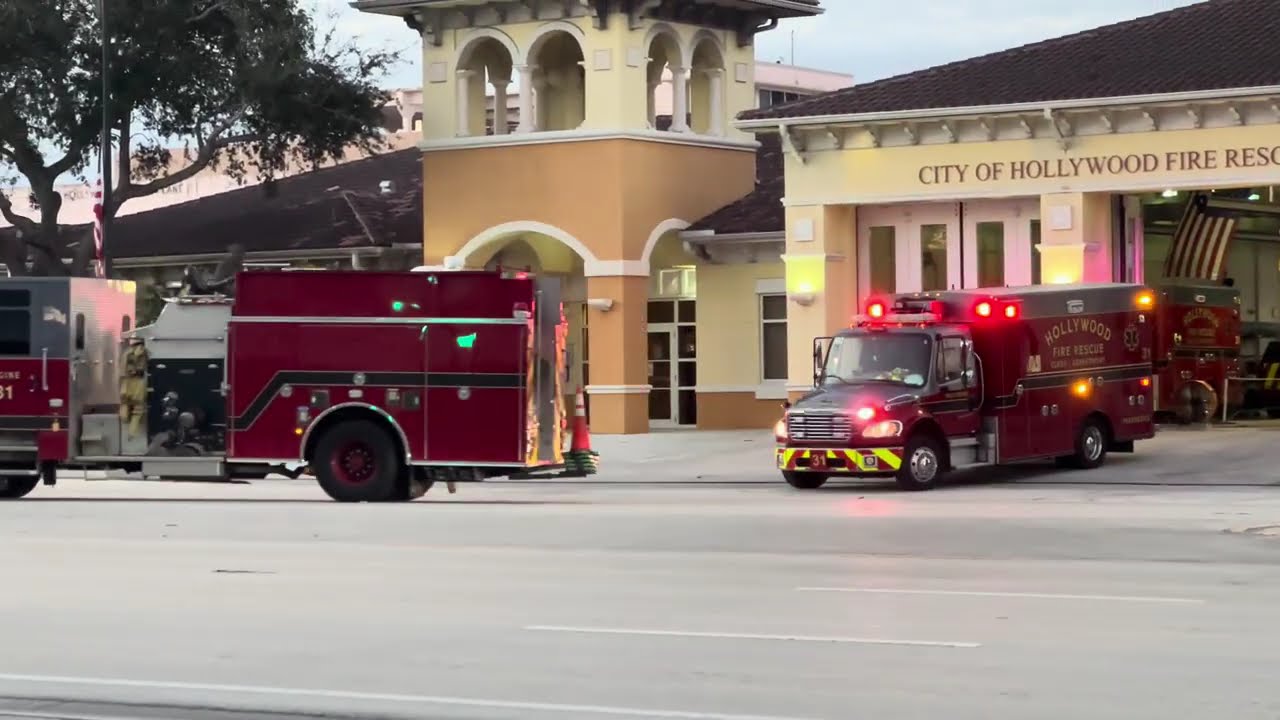 City of Hollywood Fire Department | Engine E31and Rescue R31 Responding and On scene Auto accident.