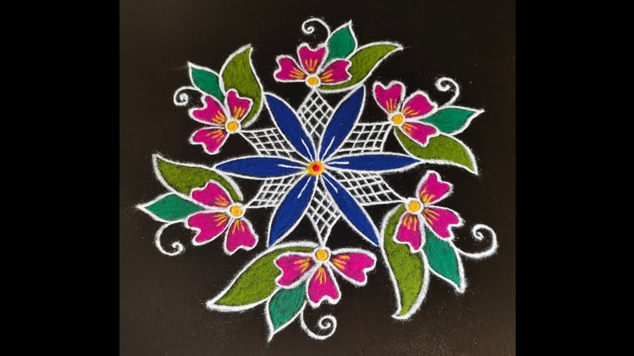 5*3 dots flower rangoli design #colorkolamdesign #dialyrangoli #muggulu #easyrangoli #simplekolam 