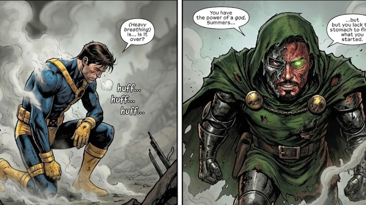 Доктор Дум сражается с Циклопом в фильме «Мстители: Судный день».