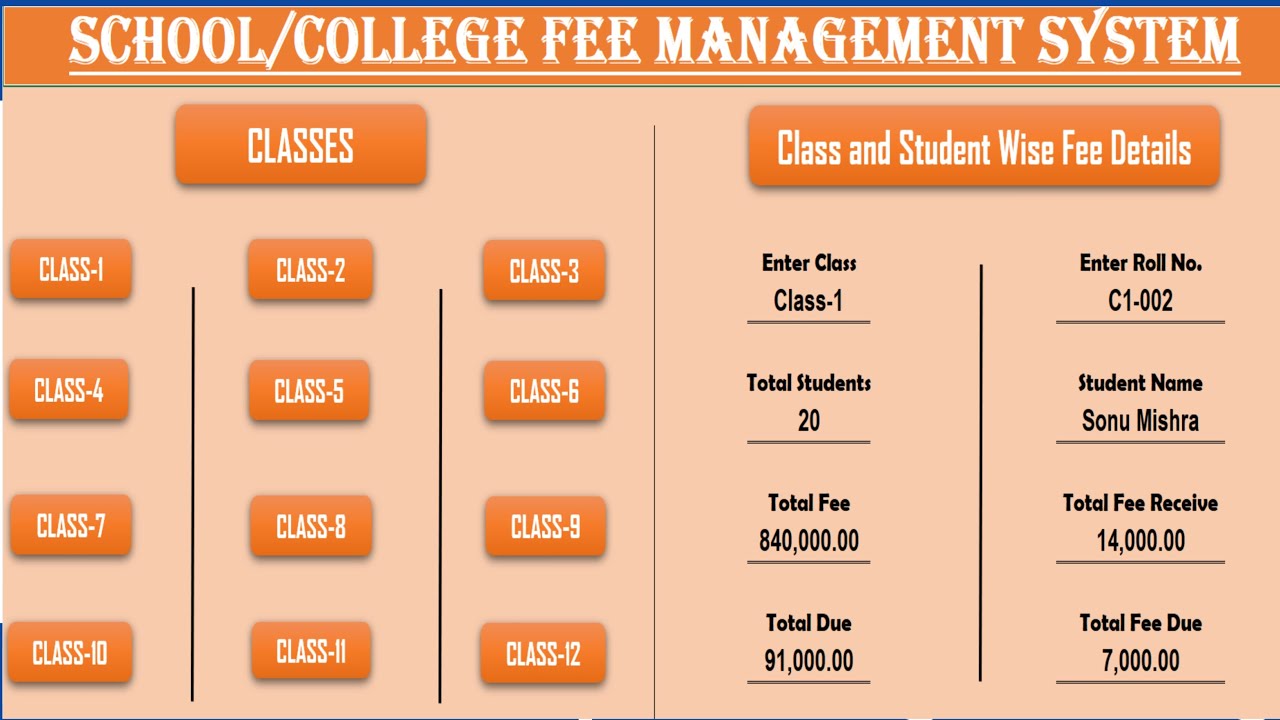Fully Automatic School and College Fee Management System in Excel