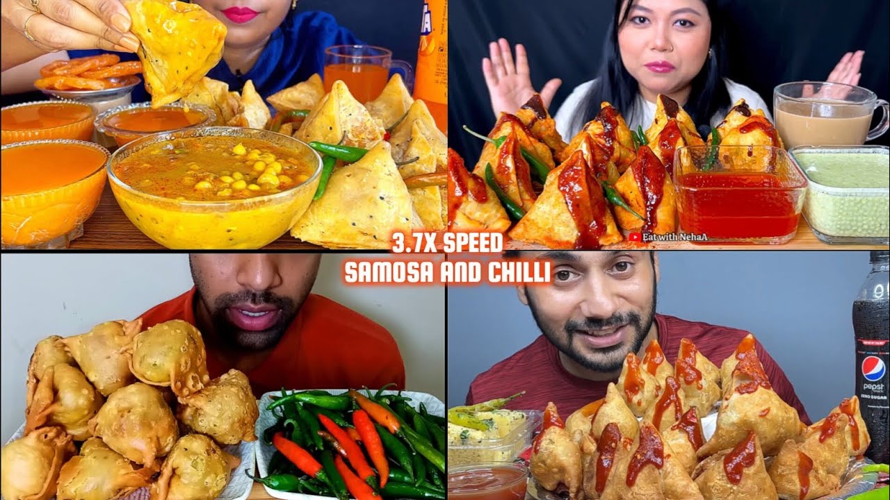 ASMR: Eating Samosa Eating Challenge 😍😋Samosa with Ghugni two type chutney and green chilli Mukbang