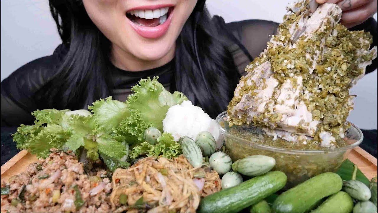 THAI FOOD (BAMBOO SALAD + LARB + SPICY PORK SOUP) ASMR EATING SOUNDS | NO TALKING | SAS-ASMR