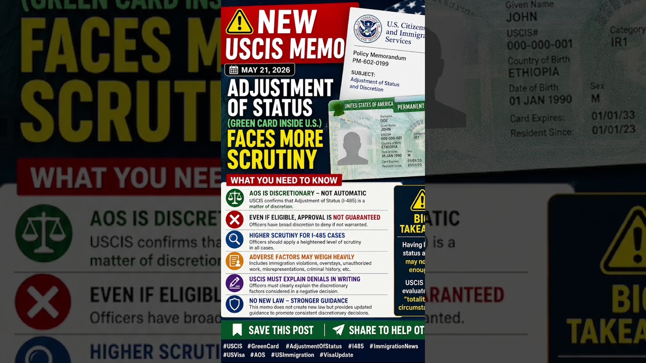 USCIS NEW MEMO UPDATE (May 2026)Adjustments of Status (Green Card Inside U.S.) Faces More Scrutiny