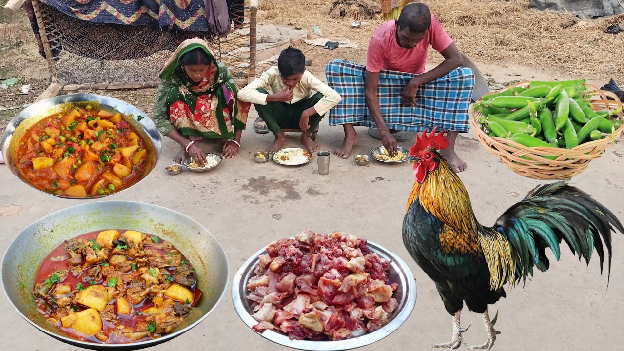 country DESI CHICKEN curry and PEAS with POTATO tasty recipe cooking and eating our tribal family