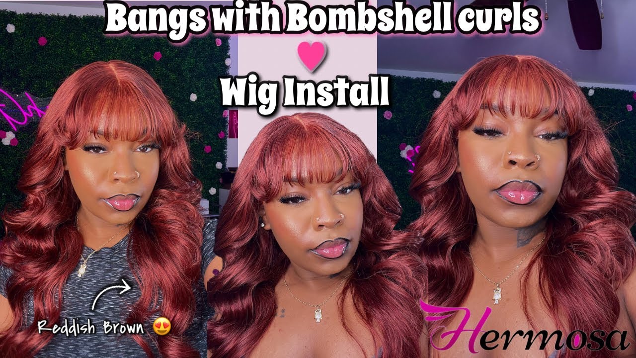 HOW TO : BANGS WITH BOMBSHELL CURLS TUTORIAL + #33 RED BROWN FRONTAL WIG INSTALL Ft. HERMOSA HAIR