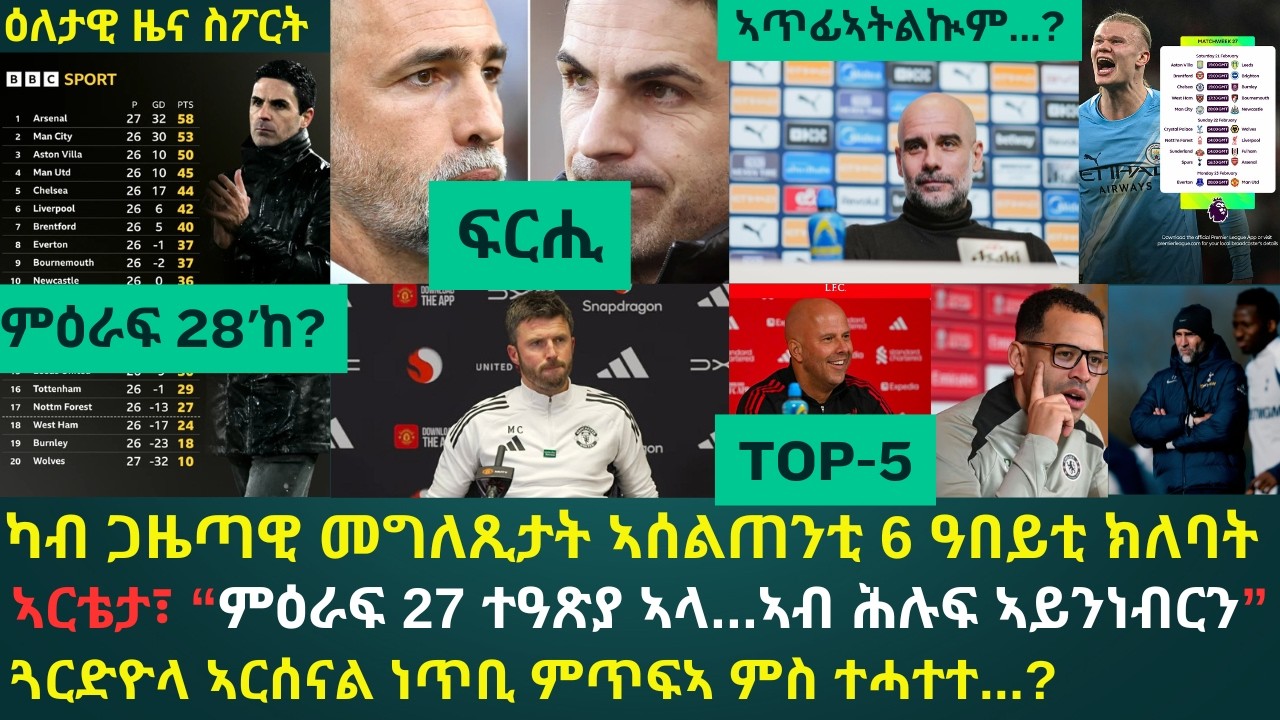 2ይ ዕለታዊ ዜና ስፖርት ዓርቢ 20 ለካቲት 2026፦ ኣሰልጠንቲ ዓበይቲ ክለባት መድረኽ ፕረምየር ሊግ ነዛ ቀዳመ ሰንበት ዝሃብዎ መግለጺታት