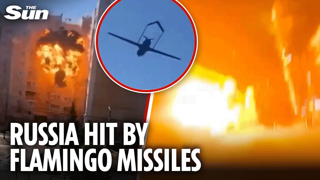 Moment Ukraine's Flamingo cruise missiles crash into Putin's military defence site
