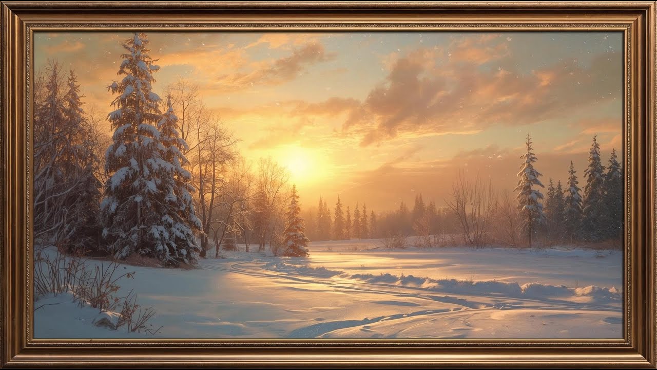 Vintage Winter Sunset Art | Classic Snow Landscape with Golden Light for Deep Relaxation