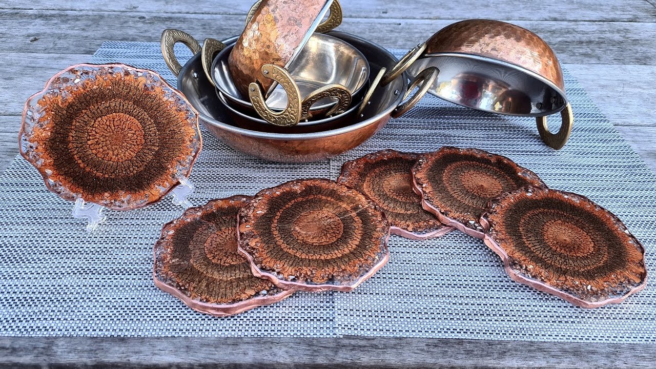 #900 Amazing Copper And Glass Resin Geode Coasters With Clear Edged