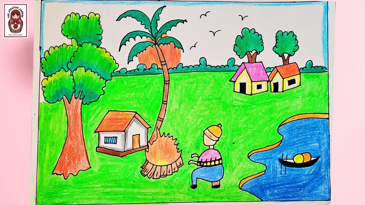 Winter season drawing easy | How to draw Winter Season Village drawing | Winter Scenery drawing easy