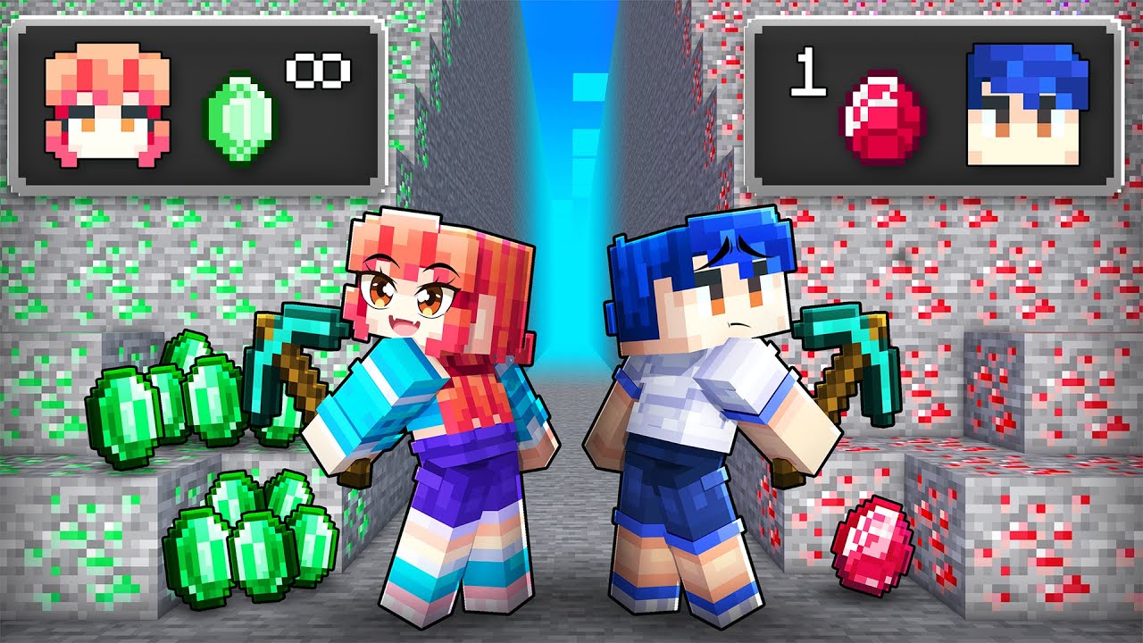Rosie EMERALD vs Zeno RUBY Mining Battle in Minecraft!