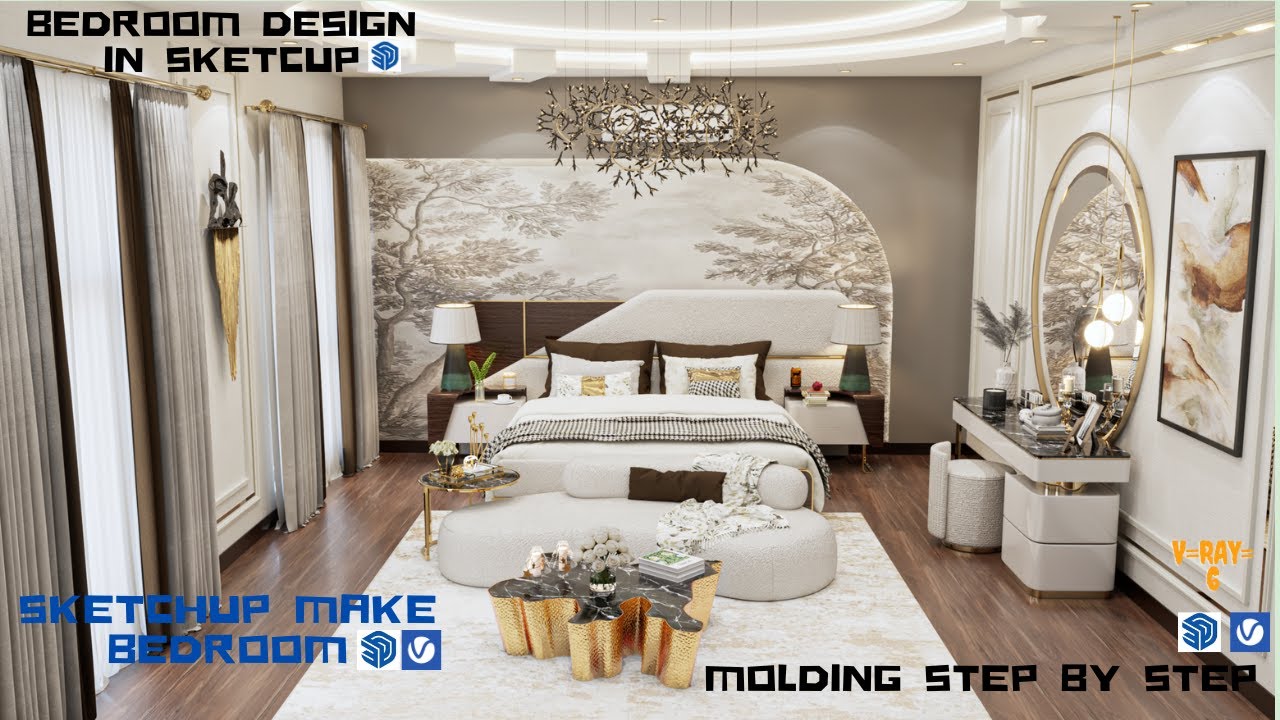 Sketchup interior design #3 How to make a master bedroom design and render vray=6