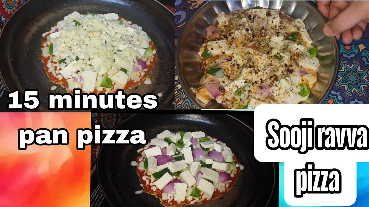 15 నిమిషాలలో ఉప్మారవ్వ థో  ప్యాన్ పిజ్జా //sooji pizza onpan//no maida//no oven//no yeast  panpizza.