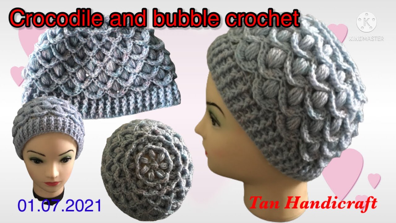 Tutorial ke 325 - Crocodile bubble stitch hat crochet