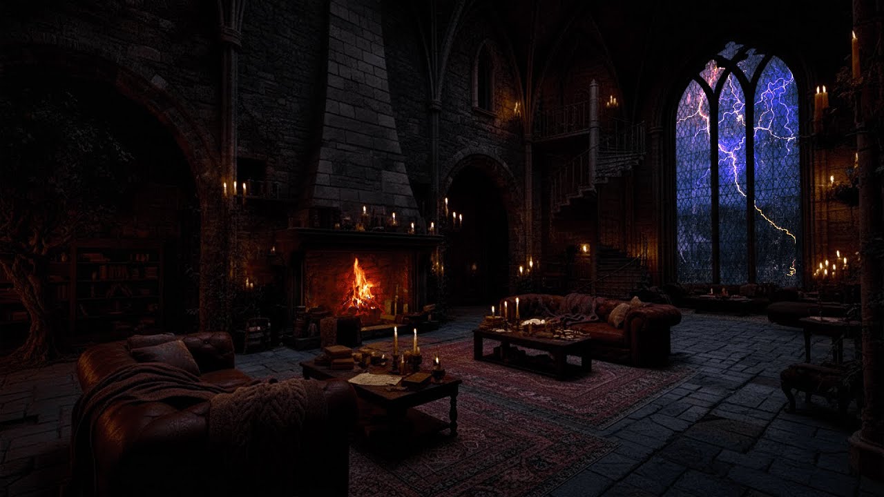 Nighttime Thunderstorm in a Cozy Castle Room 🏰🌧️⚡ | Rain, Fireplace & Dark Harp for Sleep
