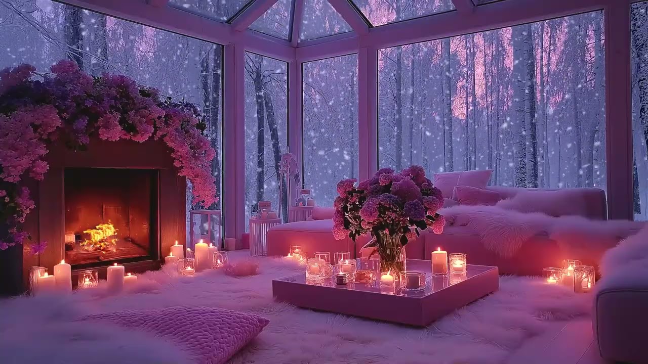 Blowing Snow Wind Outside Meets a Crackling Fireplace Inside a Cozy Winter Room for Sleep