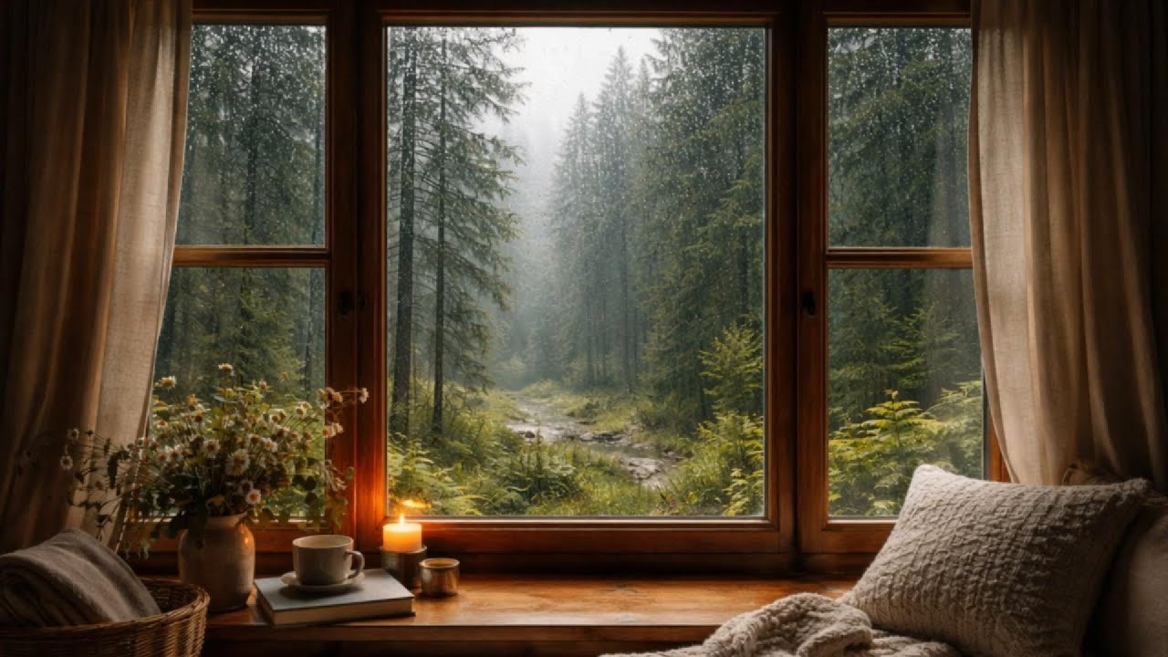 Soft Classic Jazz & Rain Sounds | Peaceful Forest View from a Mountain Cabin