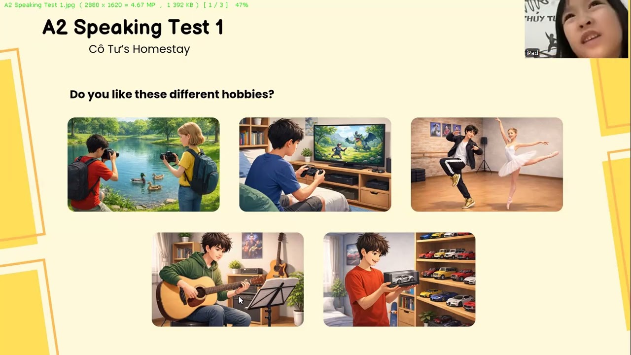 Tiếng Anh Giao Tiếp Phan Thiết: Miki practices describing pictures and talking about Hobbies