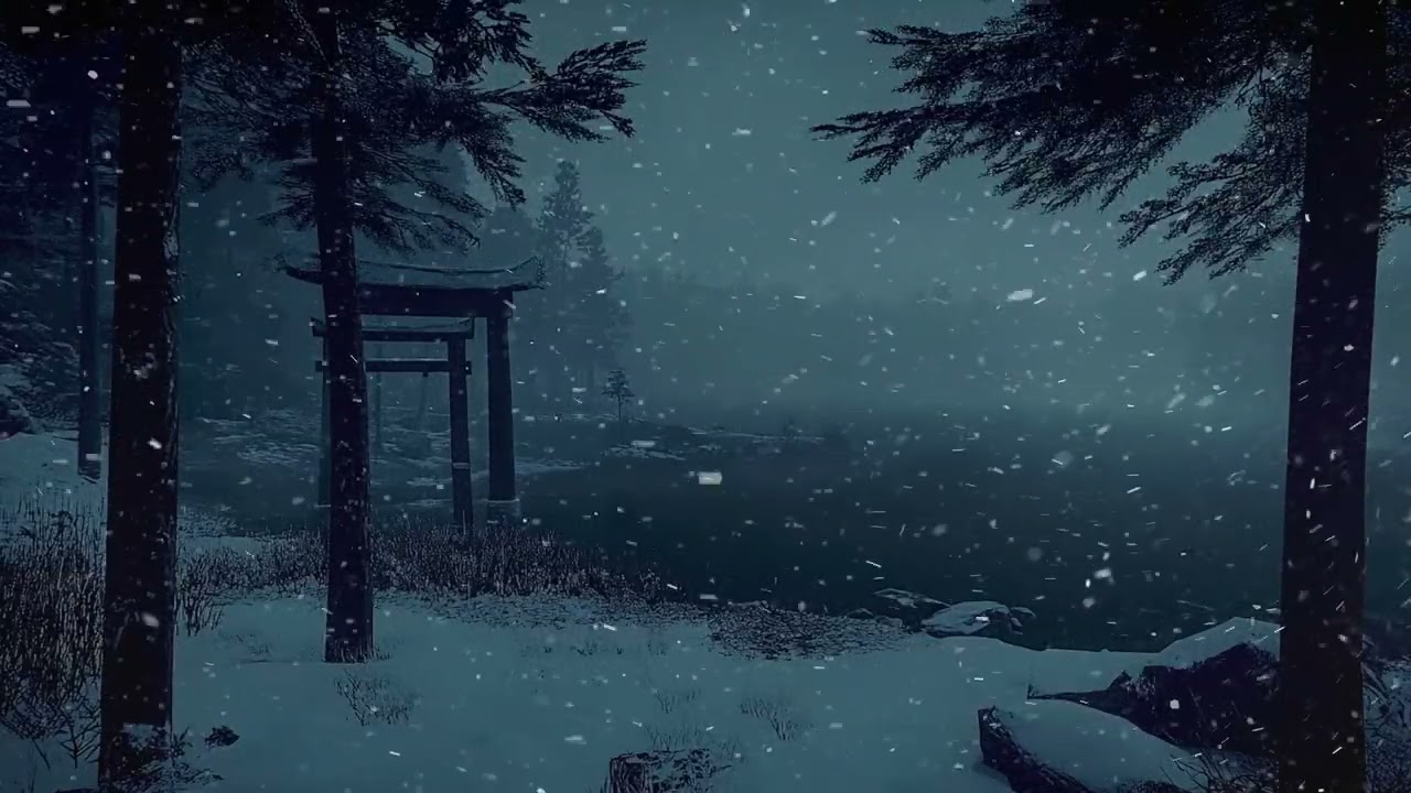 Zen Winter Solitude: Snowfall at a Japanese Torii Gate for Deep Sleep and Meditation