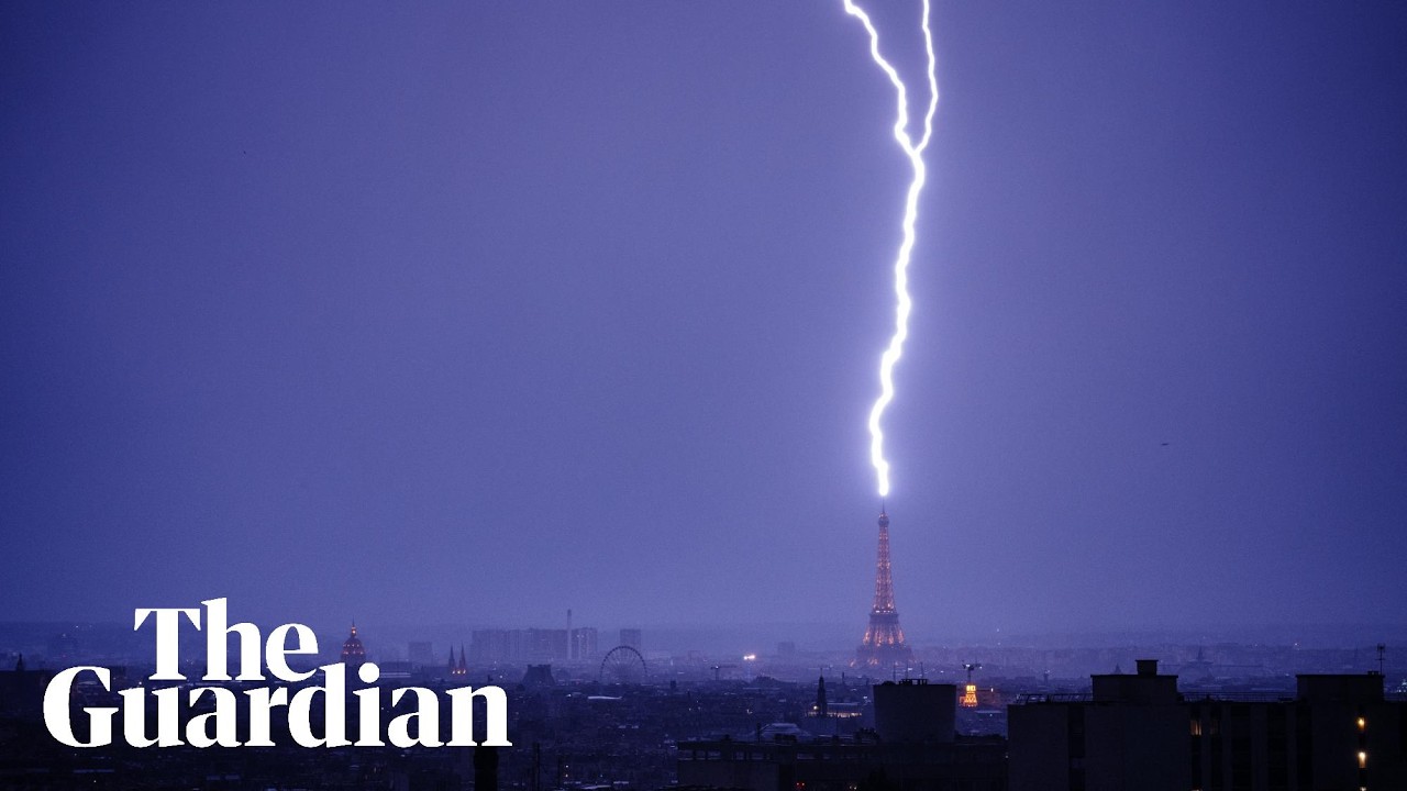 Lightning bolts strike Eiffel Tower during Paris thunderstorm