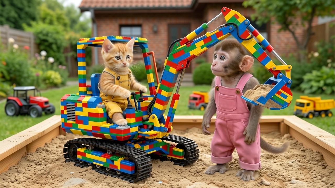 Sand Castle Building with Real Trucks in Sandbox | Monkey NaNa and Kitten Learn Teamwork Excavator