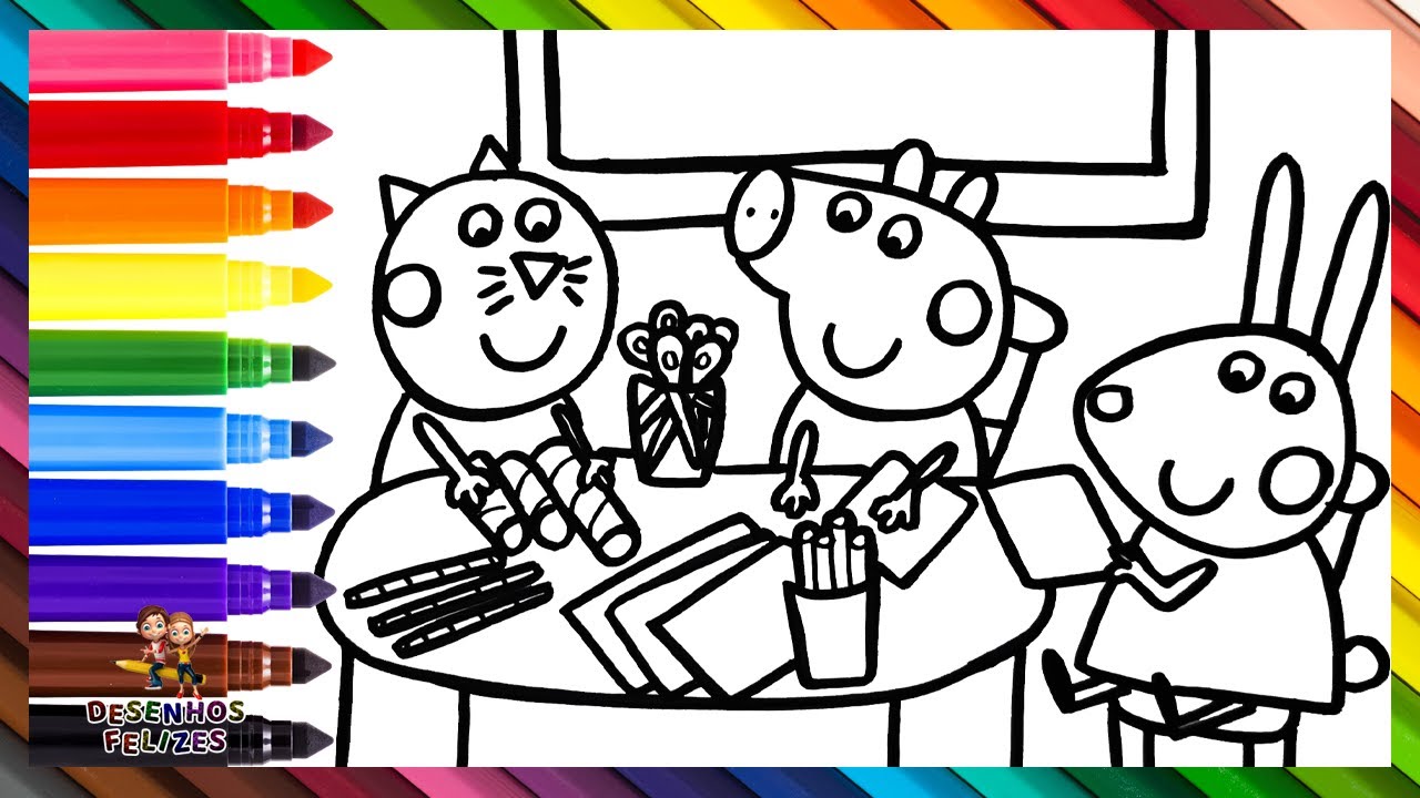 Desenhar e Colorir Peppa Pig e Seus Amigos de Volta às Aulas 🐷🐱🐑🎒📚✏️🏫 Desenhos para Crianças