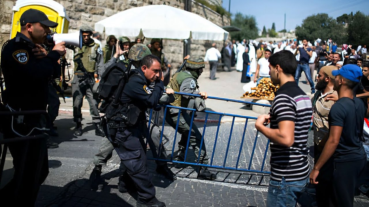 Bab Hatta   one of the doors of Al AQSA Mosque   young men chanting “Allahu Akbar” in conjunction
