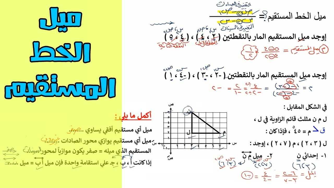 ميل الخط المستقيم 💪 للصف الثاني الاعدادي☕️