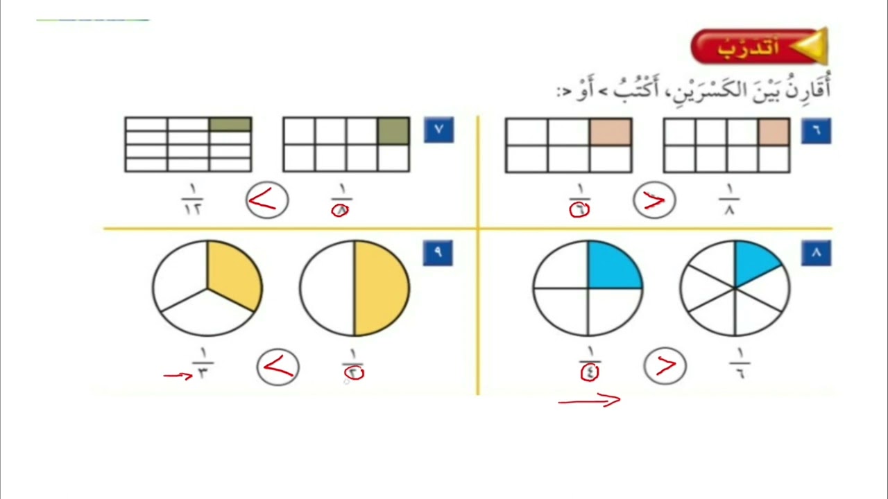 مقارنة الكسور | حل تمارين الكتاب | الصف الثاني الإبتدائي
